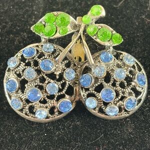 Elegant Vintage Silver-Tone Blue and Green Rhinestones Brooch